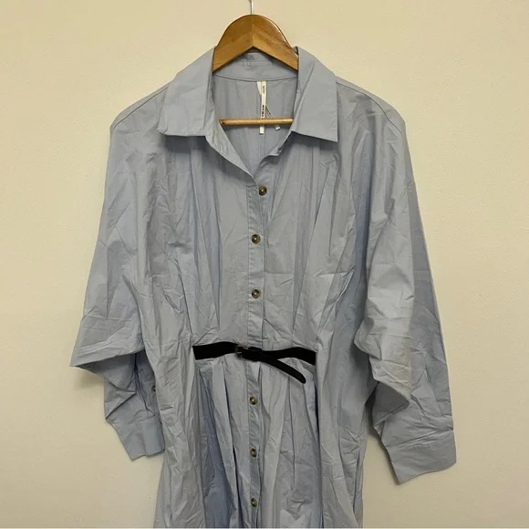 By Anthropologie Pleated Buckle Midi Shirt Dress Size 16W Blue - Picture 3 of 9